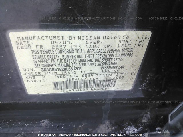 3N1AB61E29L661205 - 2009 NISSAN SENTRA 2.0/2.0S/2.0SL BLACK photo 9