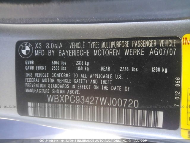 WBXPC93427WJ00720 - 2007 BMW X3 3.0SI GRAY photo 9