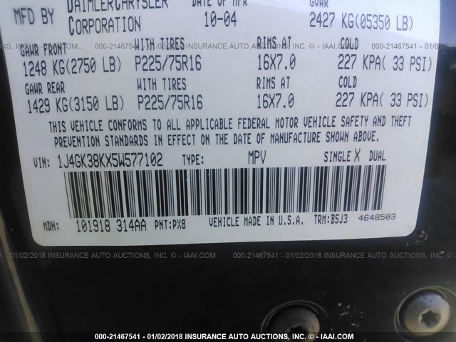 1J4GK38KX5W577102 - 2005 JEEP LIBERTY RENEGADE BLACK photo 9