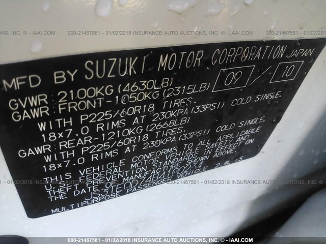 JS3TE0D74B4100234 - 2011 SUZUKI GRAND VITARA JLX WHITE photo 9