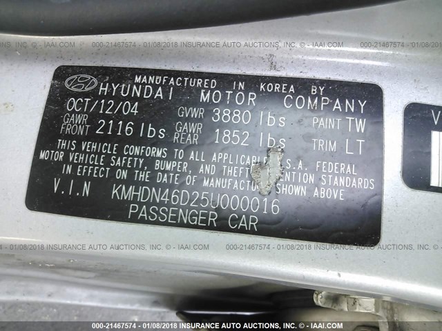 KMHDN46D25U000016 - 2005 HYUNDAI ELANTRA GLS/GT SILVER photo 9