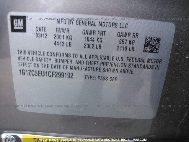 1G1ZC5EU1CF299192 - 2012 CHEVROLET MALIBU 1LT 灰色 照片 9