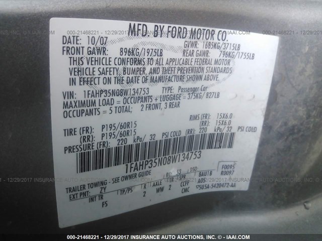 1FAHP35N08W134753 - 2008 FORD FOCUS SE/SEL/SES GRAY photo 9