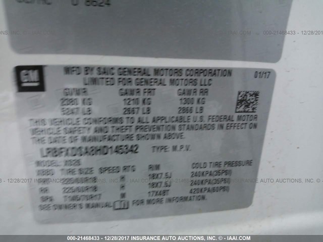LRBFXDSA8HD145342 - 2017 BUICK ENVISION ESSENCE Սպիտակ լուսանկար 9