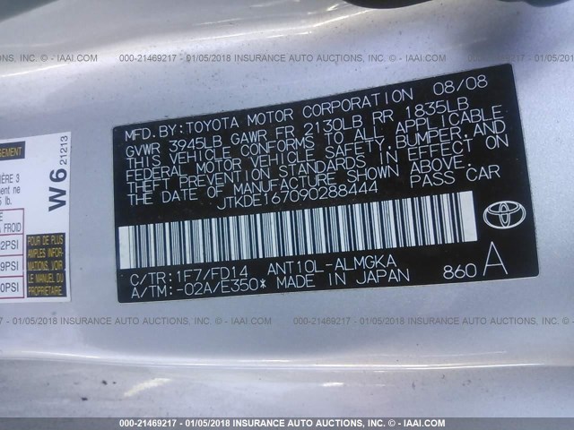 JTKDE167090288444 - 2009 TOYOTA SCION TC ვერცხლისფერი ფოტო 9