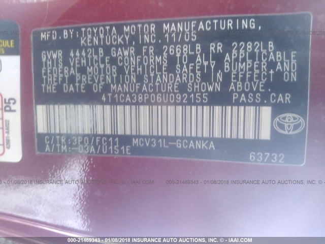 4T1CA38P06U092155 - 2006 TOYOTA CAMRY SOLARA SE/SLE RED photo 9