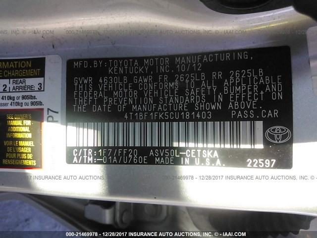 4T1BF1FK5CU181403 - 2012 TOYOTA CAMRY SE/LE/XLE ვერცხლისფერი ფოტო 9