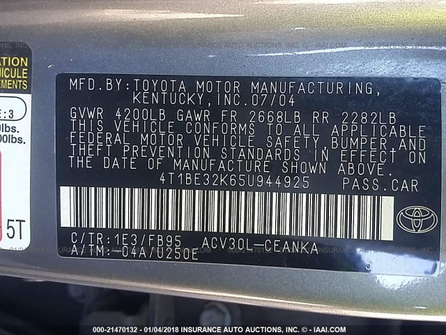 4T1BE32K65U944925 - 2005 TOYOTA CAMRY LE/XLE/SE ნაცრისფერი ფოტო 9