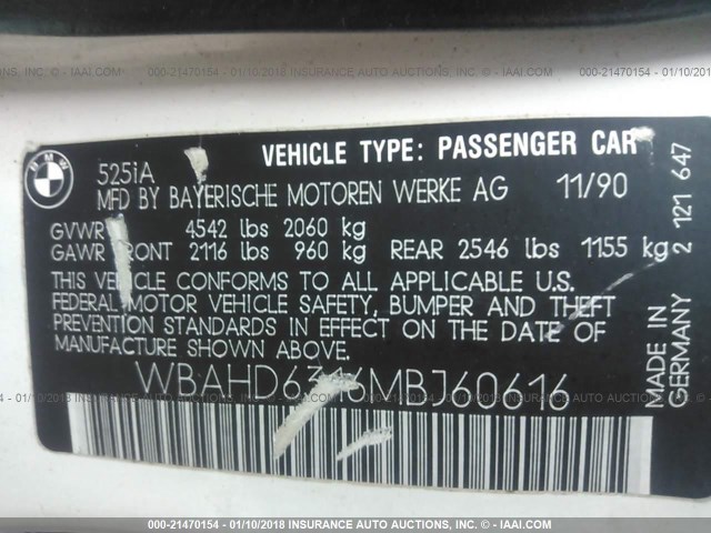 WBAHD6316MBJ60616 - 1991 BMW 525 I AUTOMATIC WHITE photo 9