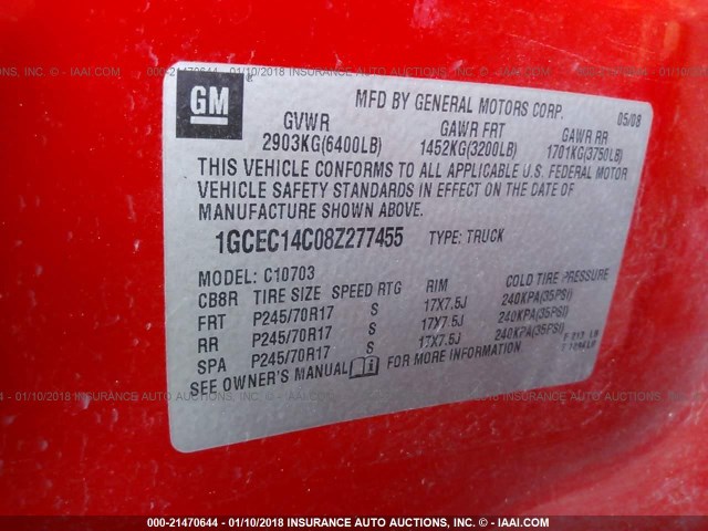 1GCEC14C08Z277455 - 2008 CHEVROLET SILVERADO C1500 RED photo 9