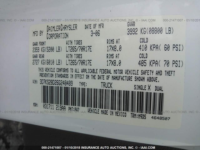 3D7KS28D26G248489 - 2006 DODGE RAM 2500 ST/SLT 白色 照片 9