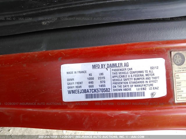 WMEEJ3BA7CK570582 - 2012 SMART FORTWO PURE/PASSION WHITE photo 9