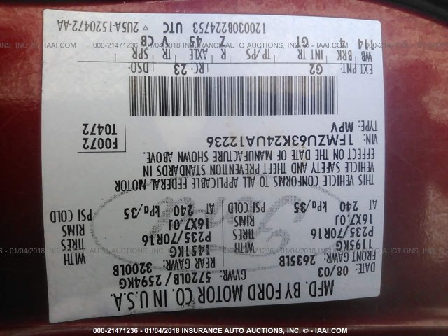 1FMZU63K24UA12236 - 2004 FORD EXPLORER XLT/XLT SPORT/NBX 红色 照片 9