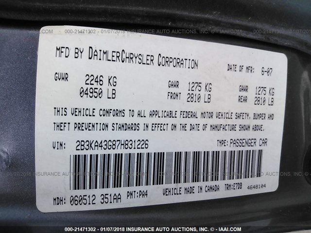 2B3KA43G87H831226 - 2007 DODGE CHARGER SE/SXT SILVER photo 9