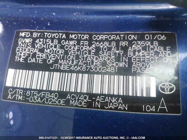 JTNBE46K873002481 - 2007 TOYOTA CAMRY NEW GENERAT CE/LE/XLE/SE BLUE photo 9
