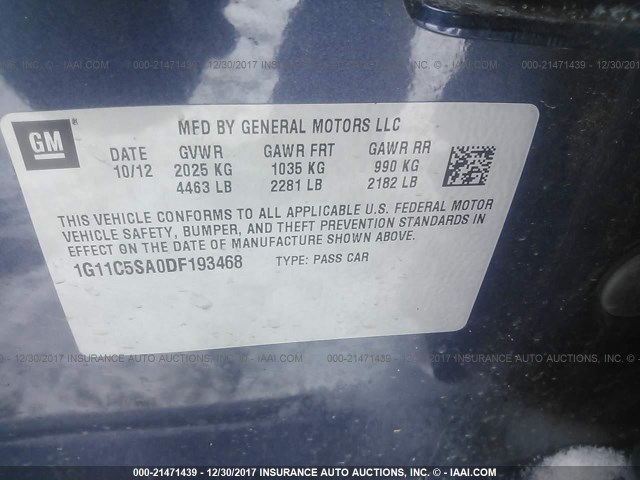 1G11C5SA0DF193468 - 2013 CHEVROLET MALIBU 1LT BLUE photo 9