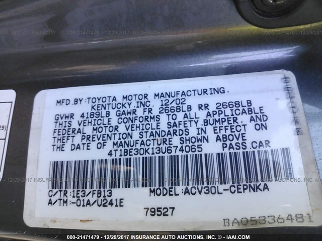 4T1BE30K13U674065 - 2003 TOYOTA CAMRY LE/XLE/SE 灰色 照片 9