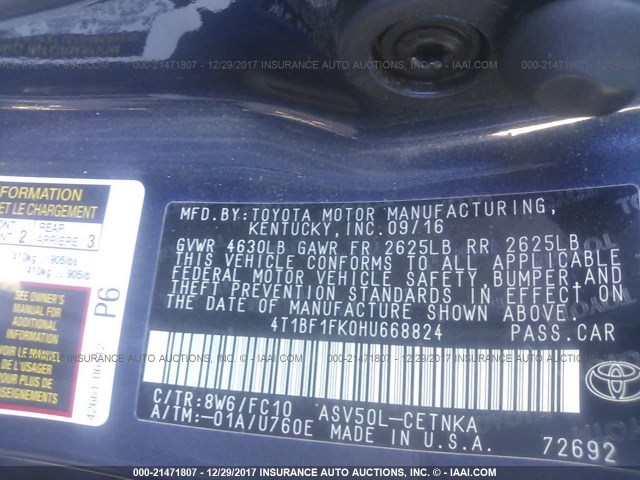 4T1BF1FK0HU668824 - 2017 TOYOTA CAMRY LE/XLE/SE/XSE BLUE photo 9