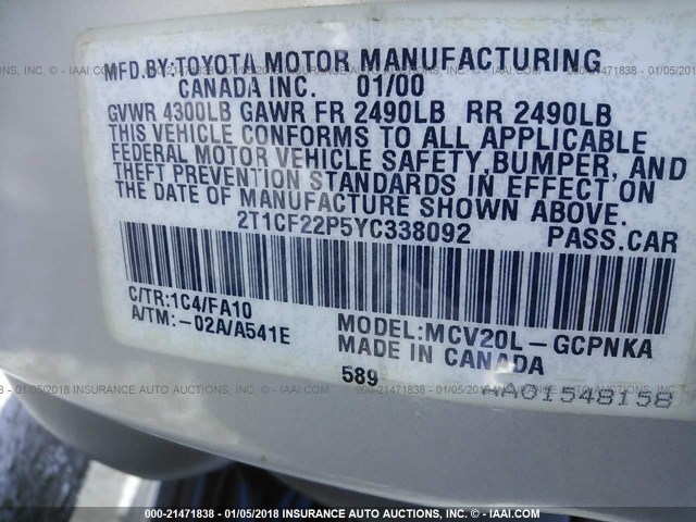 2T1CF22P5YC338092 - 2000 TOYOTA CAMRY SOLARA SE/SLE Gümüş foto 9