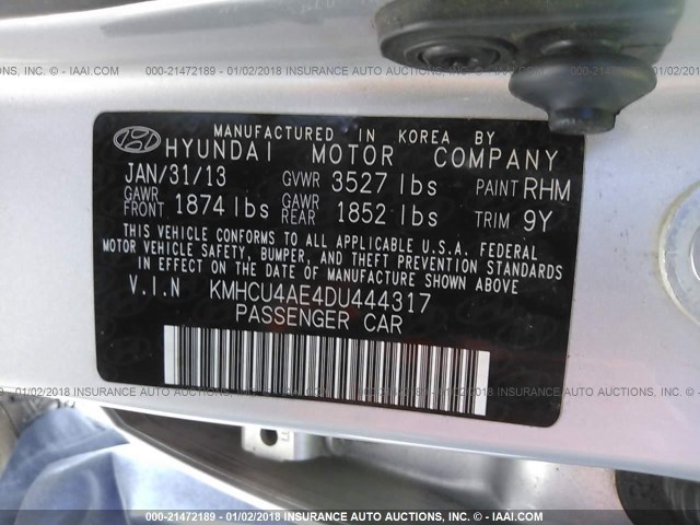 KMHCU4AE4DU444317 - 2013 HYUNDAI ACCENT GLS/SE SILVER photo 9