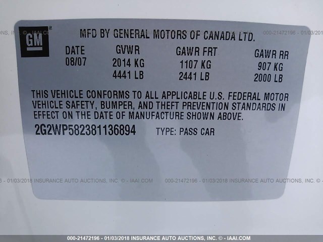 2G2WP582381136894 - 2008 PONTIAC GRAND PRIX WHITE photo 9
