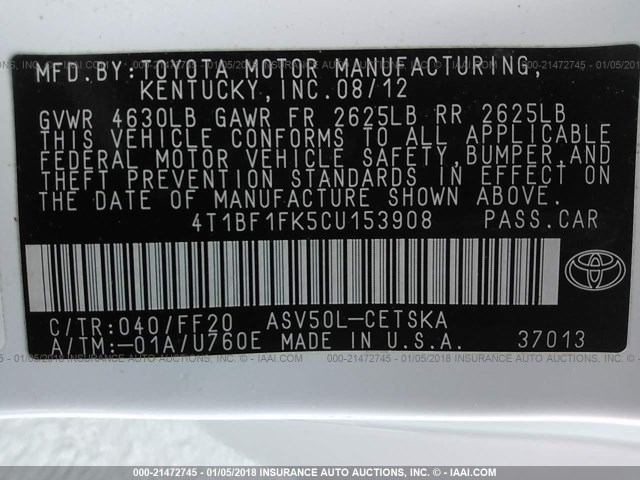 4T1BF1FK5CU153908 - 2012 TOYOTA CAMRY SE/LE/XLE 白色 照片 9