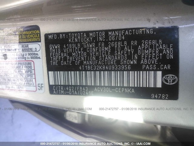 4T1BE32K84U933956 - 2004 TOYOTA CAMRY LE/XLE/SE GOLD photo 9