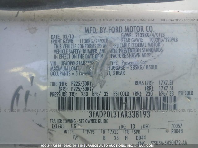 3FADP0L31AR338193 - 2010 FORD FUSION HYBRID WHITE photo 9