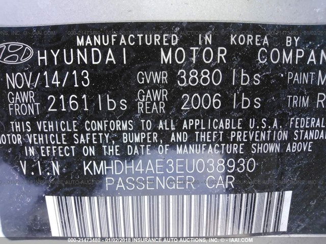 KMHDH4AE3EU038930 - 2014 HYUNDAI ELANTRA SE/SPORT/LIMITED SILVER photo 9