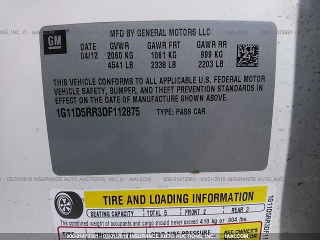 1G11D5RR3DF112875 - 2013 CHEVROLET MALIBU 1LT WHITE photo 9