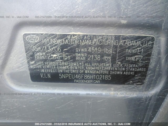 5NPEU46F86H102185 - 2006 HYUNDAI SONATA GLS/LX GRAY photo 9