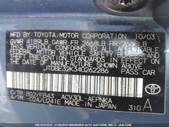 JTDBE32K340262286 - 2004 TOYOTA CAMRY LE/XLE BLUE photo 9