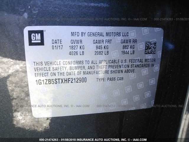 1G1ZB5STXHF212900 - 2017 CHEVROLET MALIBU LS GRAY photo 9