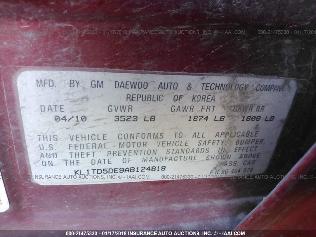 KL1TD5DE9AB124818 - 2010 CHEVROLET AVEO LS/LT 红色 照片 9