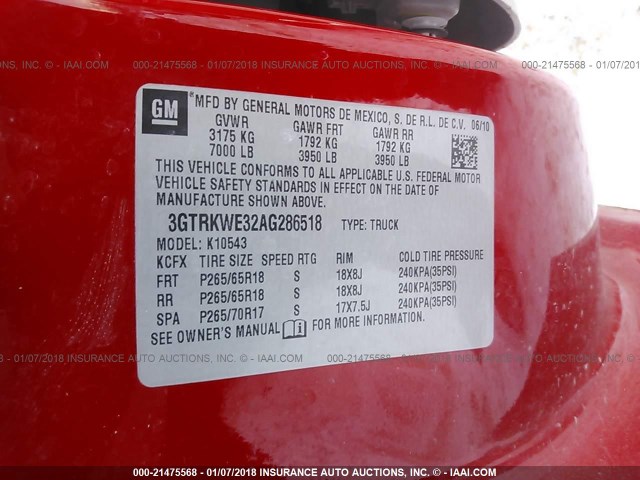 3GTRKWE32AG286518 - 2010 GMC SIERRA K1500 SLT RED photo 9