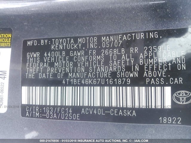 4T1BE46K67U161879 - 2007 TOYOTA CAMRY NEW GENERAT CE/LE/XLE/SE GRAY photo 9