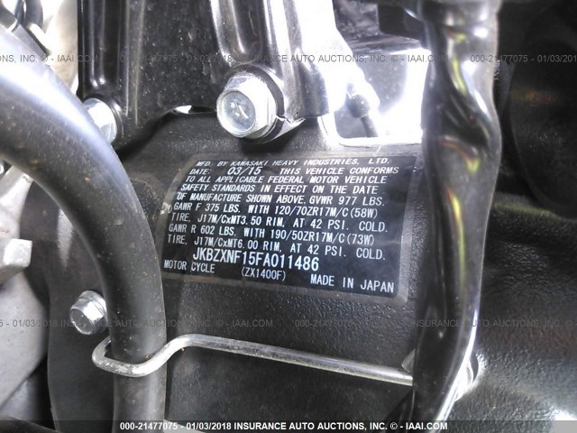 JKBZXNF15FA011486 - 2015 KAWASAKI ZX1400 F GRAY photo 10