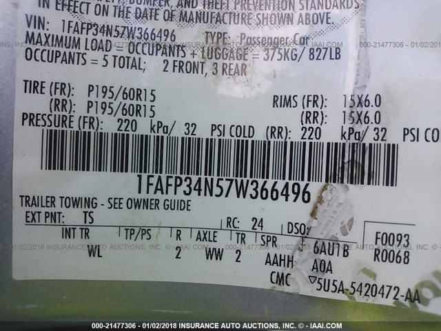 1FAFP34N57W366496 - 2007 FORD FOCUS ZX4/S/SE/SES 银色 照片 9