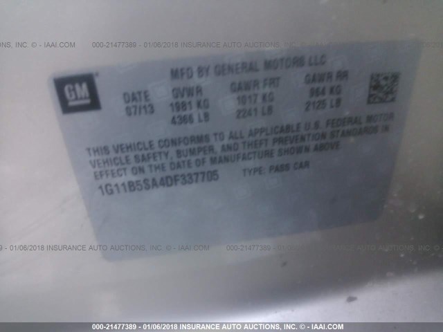 1G11B5SA4DF337705 - 2013 CHEVROLET MALIBU LS 灰色 照片 9