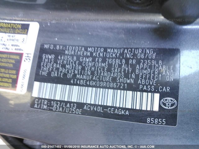 4T4BE46K09R086721 - 2009 TOYOTA CAMRY SE/LE/XLE 灰色 照片 9