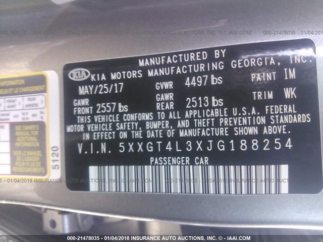 5XXGT4L3XJG188254 - 2018 KIA OPTIMA LX/S SILVER photo 9