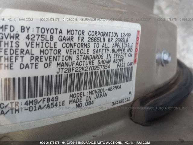 JT2BF22K2Y0257554 - 2000 TOYOTA CAMRY CE/LE/XLE GOLD photo 9
