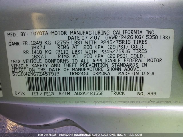 5TEUX42N67Z457919 - 2007 TOYOTA TACOMA ACCESS CAB SILVER photo 9