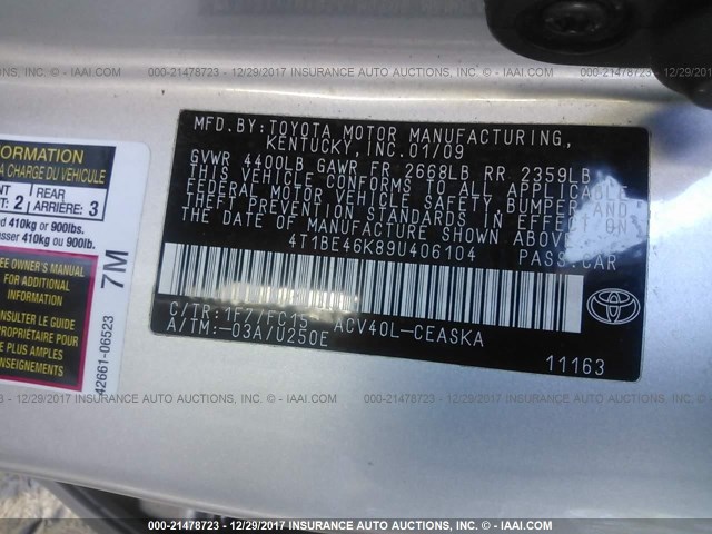 4T1BE46K89U406104 - 2009 TOYOTA CAMRY SE/LE/XLE SILVER photo 9