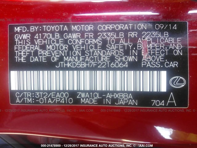 JTHKD5BH7F2216064 - 2015 LEXUS CT 200 RED photo 9