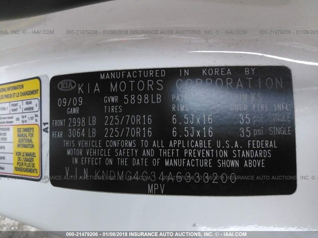 KNDMG4C34A6333200 - 2010 KIA SEDONA LX WHITE photo 9