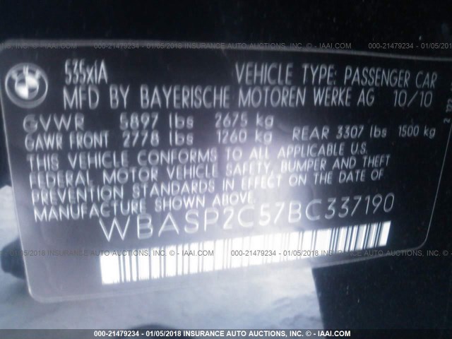 WBASP2C57BC337190 - 2011 BMW 535 XIGT BLACK photo 9