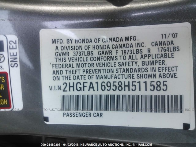2HGFA16958H511585 - 2008 HONDA CIVIC EXL 灰色 照片 9