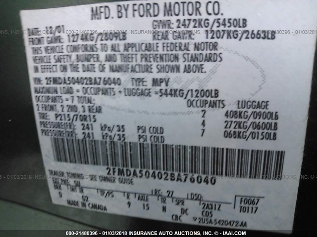 2FMDA50402BA76040 - 2002 FORD WINDSTAR LX GREEN photo 9