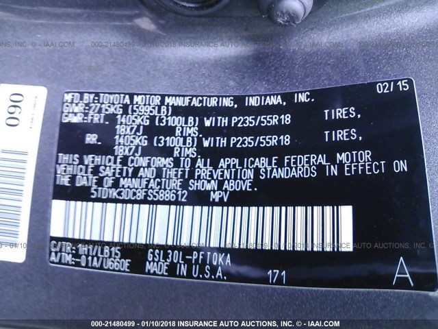 5TDYK3DC8FS588612 - 2015 TOYOTA SIENNA XLE/LIMITED GRAY photo 9